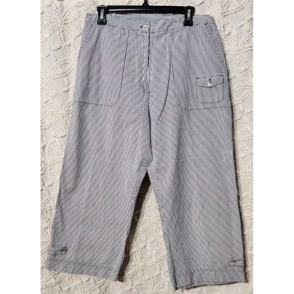 Choices Pants - Choices Womens M Pants Striped Cotton Ankle Nautical Blue White Wide Leg Cropped